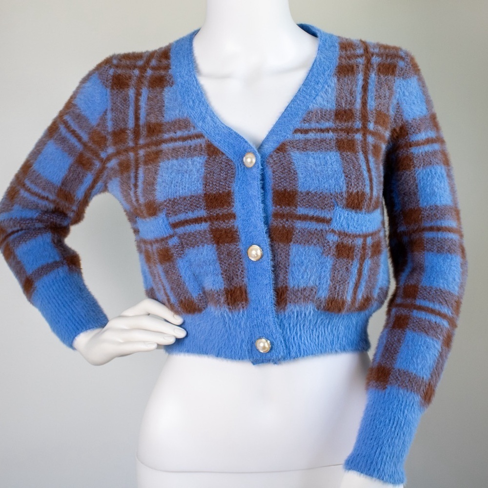 Beginning Boutique Wool Blend Plaid Cropped Cardigan Women Blue Choc Sweater M/L